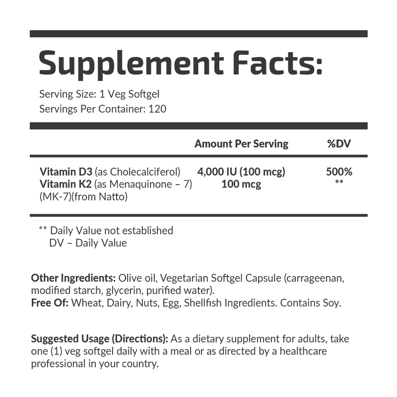 VITAMIN D3 + K2 MK-7, 120 VEG SOFTGELS - Image 2